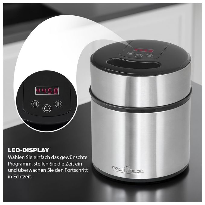 ProfiCook 501140 Gelatiera e Yogurtiera 1 8 L 12 W Timer Digitale Display LED Acciaio Inossidabile colore Nero