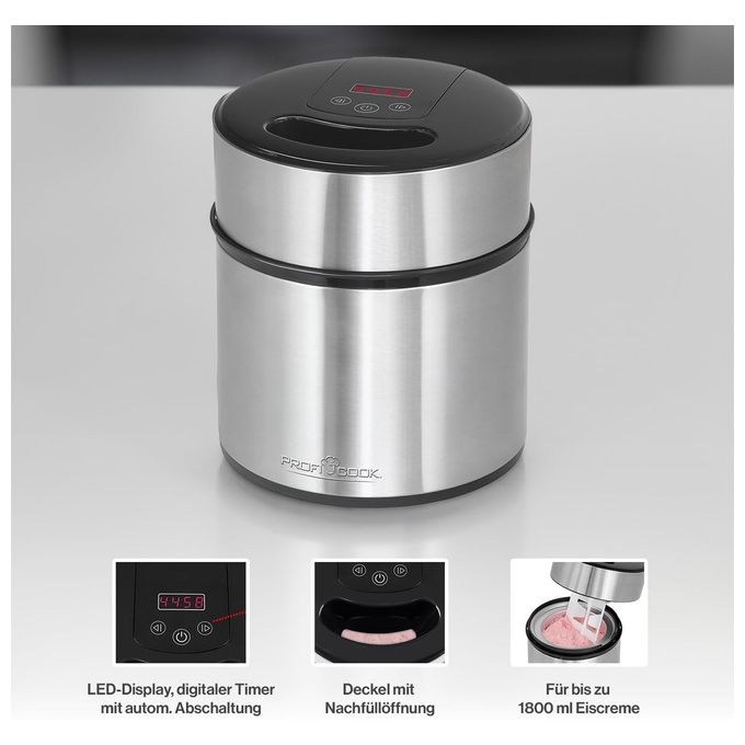 ProfiCook 501140 Gelatiera e Yogurtiera 1 8 L 12 W Timer Digitale Display LED Acciaio Inossidabile colore Nero