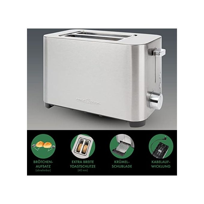 ProfiCook PC-TA 1251 Tostapane 2 Fette 750 W Fessure Extra Large Scongelamento Riscaldamento colore Acciaio Inox