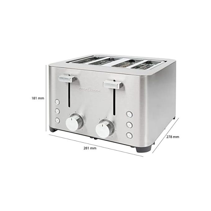 ProfiCook PC-TA 1252 Tostapane 4 Fette Acciaio Inox 1500 W Fessure Extra Large 40 mm con Funzioni Scongelamento Riscaldamento Arresto Rapido colore Acciaio Inox