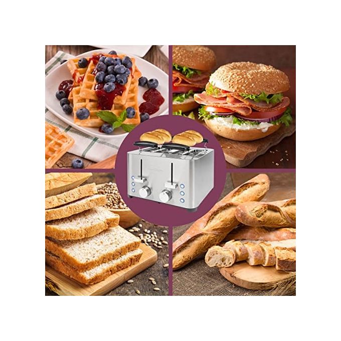 ProfiCook PC-TA 1252 Tostapane 4 Fette Acciaio Inox 1500 W Fessure Extra Large 40 mm con Funzioni Scongelamento Riscaldamento Arresto Rapido colore Acciaio Inox