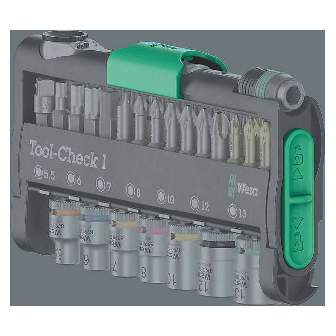 Wera 5049050001 Tool-Check 1 Set di utensili 38 pezzi con cricchetto 1-4 pollici 60 denti in acciaio inossidabile colore Nero Verde Acciaio inox