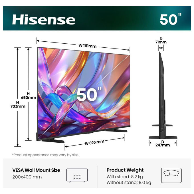 Hisense 50Q7S Smart TV QLED 50'' 4K UHD HDR Dolby Vision IQ Dolby Atmos VIDAA Alexa AirPlay2 Game Mode colore Nero