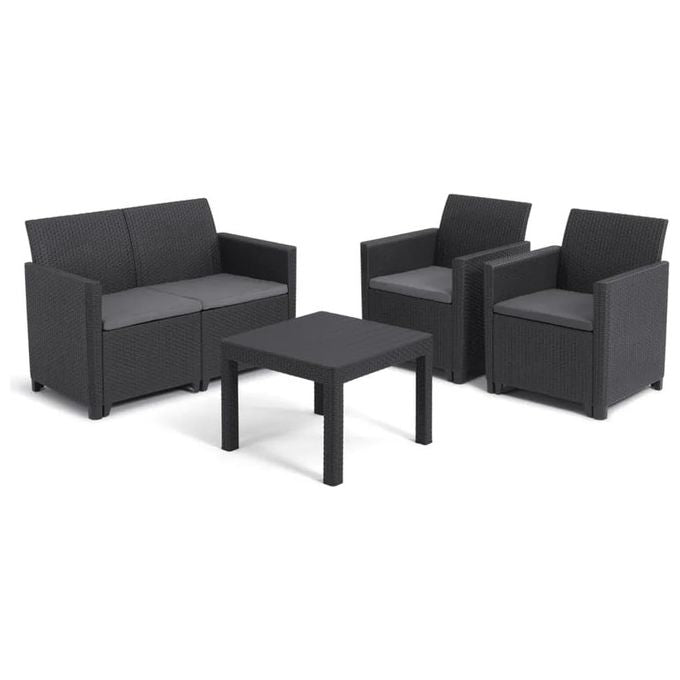 Keter 252642 Marie Lounge Set da Giardino Divano 2 Poltrone Tavolino Rattan con Cuscini colore Grafite
