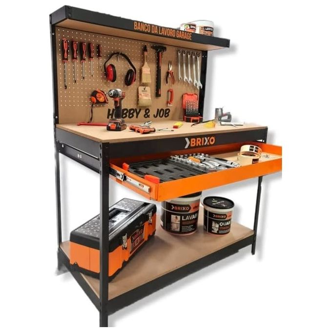 Brixo HobbyandJob Banco da lavoro con pannello forato cassetto e ripiano 120x60x150 cm carico max 230 Kg colore Nero