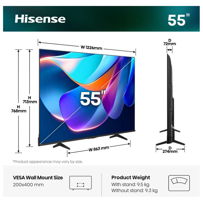 Hisense 55A6S Smart TV 55'' 4K Ultra HD QLED HomeOS Wi-Fi HDR10 HDMI 2.1 20W DTS Virtual:X colore Nero
