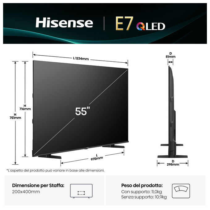 Hisense smart tv QLED 55 pollici 4K, 55E7Q, Dolby Vision, Dolby Atmos, HDR10+, VIDAA, Wi-Fi, game mode