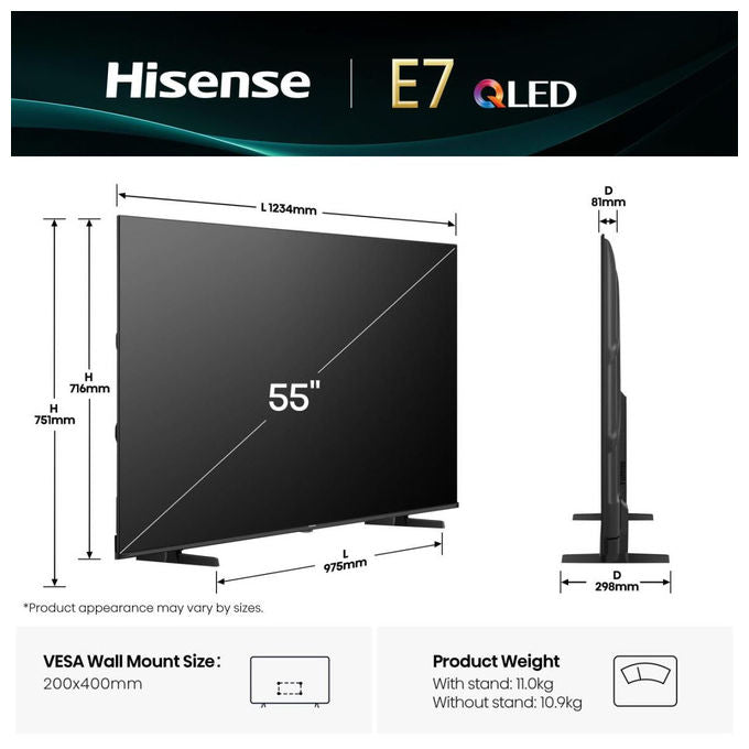 Hisense smart tv QLED 55 pollici 4K, 55E7Q, Dolby Vision, Dolby Atmos, HDR10+, VIDAA, Wi-Fi, game mode