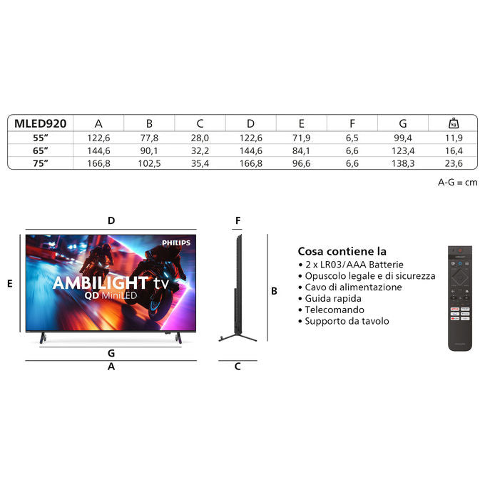 Philips 55MLED920-12 Ambilight TV QD Mini LED 55'' 4K Ultra HD Smart TV Titan OS Dolby Vision Dolby Atmos colore Nero