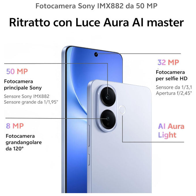 VIVO 5674786 V70 Lite 5G Smartphone 6 GB 256 GB Android 16.0 6.77'' AMOLED 120 Hz 50 MP 6500 mAh colore Nero