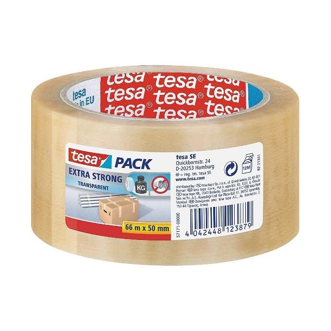 Tesa 57171-00000-03 Tesapack Nastro adesivo imballaggio extra forte in PVC 66 m x 50 mm silenzioso trasparente colore Trasparente