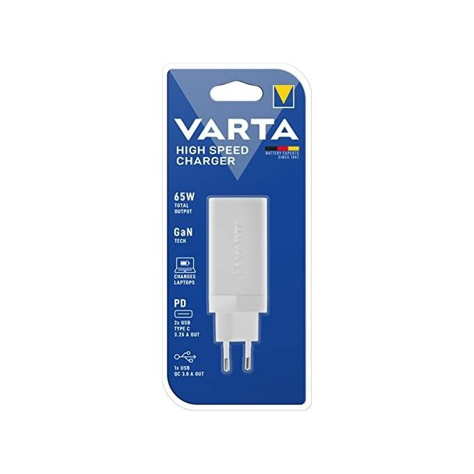 Varta 57956101401 Caricabatterie Rapido GaN 65W 3 Porte 2x USB-C 1x USB-A Power Delivery Quick Charge colore Bianco