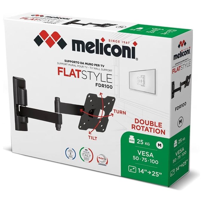 Meliconi FDR100 Flatstyle Staffa TV da Parete Doppio Braccio Orientabile 14'' 25'' VESA 50 75 100 Portata 25 Kg colore Nero