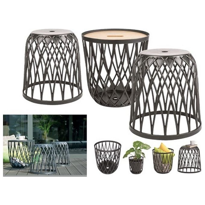 Prosperplast IKUBS3 Uniqubo Set Mobili Multifunzione 2+1 da Esterno Tavolo e Sedute in Plastica Traforata con Piano in Legno colore Grigio