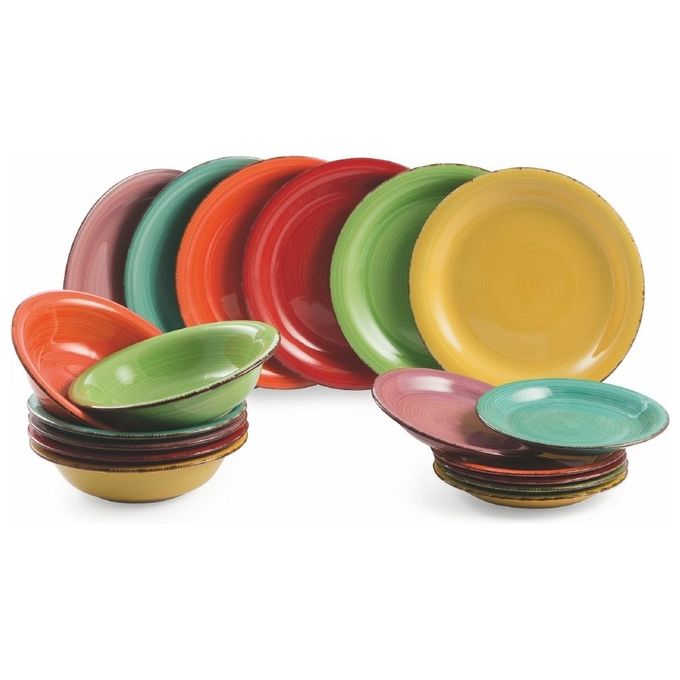 VDE TIVOLI 1996 5971740 Baita Servizio Tavola 18 Pezzi in Gres Dipinto a Mano 6 Posti Tavola Piatti Piani 27 cm Fondi 21 cm Frutta 19 cm colore Multicolore