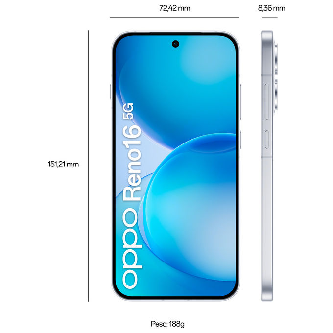 Oppo 110010237512 Reno16 5G Smartphone Tripla fotocamera 50MP+50MP+50MP Selfie 50MP Display 6.32 AMOLED 120Hz RAM 8GB ROM 512GB Batteria 6000mAh colore Bianco