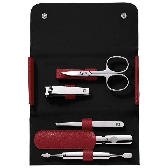 Zwilling J.A. Henckels 4009839493812 Classic Inox Set da Viaggio per Manicure 5 Pezzi in Acciaio Inossidabile e Pelle Naturale colore Rosso