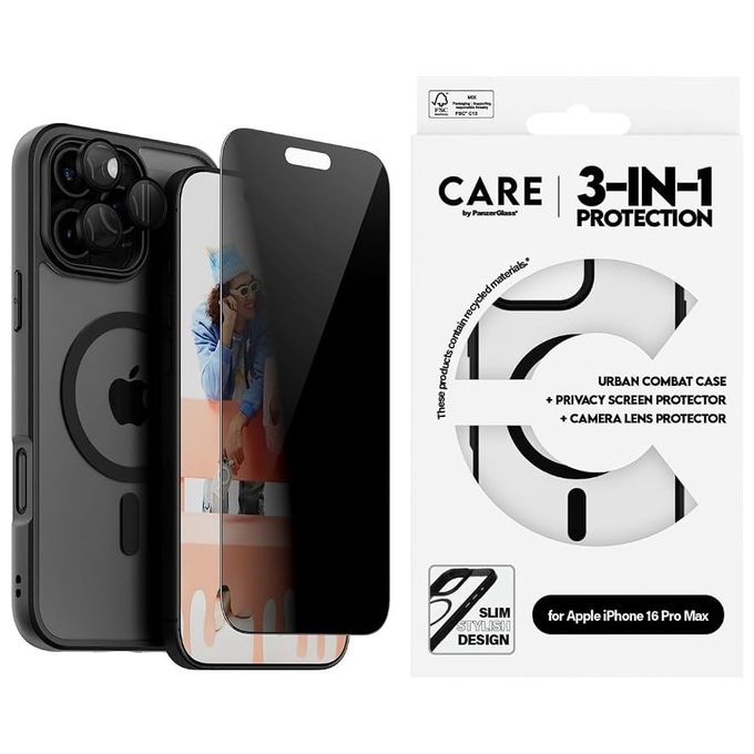 PanzerGlass 5715685003462 Set Protezione Privacy 3 in 1 Pellicola Proteggi Schermo per iPhone 16 Pro Max con Filtro Privacy Resistente ai Graffi e alle Ditate colore Trasparente
