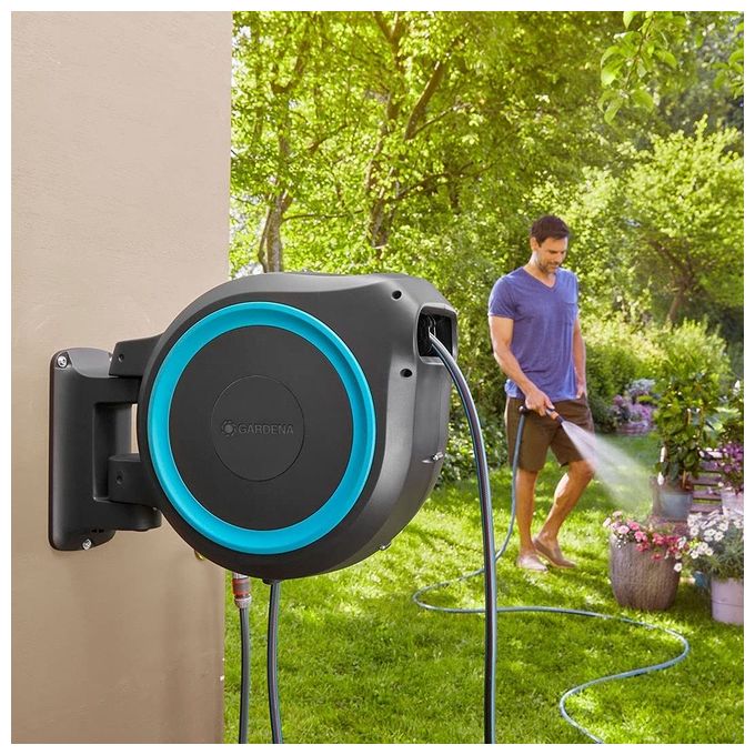 GARDENA 18630-20 RollUp XL Avvolgitubo a Parete 35 m Diametro 13 mm Rotazione 180° con Lancia e Raccordi colore Azzurro