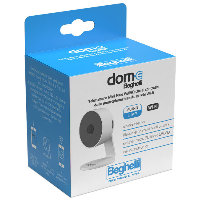 Beghelli 60026 Dom-e Smart Camera Mini Plus Videocamera di Sorveglianza Wi-Fi Full HD 3MP Audio a Due Vie Visione Notturna 10m Rilevamento Movimento Suono Sirena Integrata Compatibile Alexa Google Home colore Bianco
