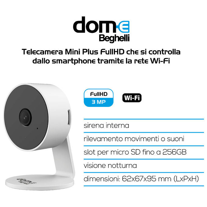 Beghelli 60026 Dom-e Smart Camera Mini Plus Videocamera di Sorveglianza Wi-Fi Full HD 3MP Audio a Due Vie Visione Notturna 10m Rilevamento Movimento Suono Sirena Integrata Compatibile Alexa Google Home colore Bianco