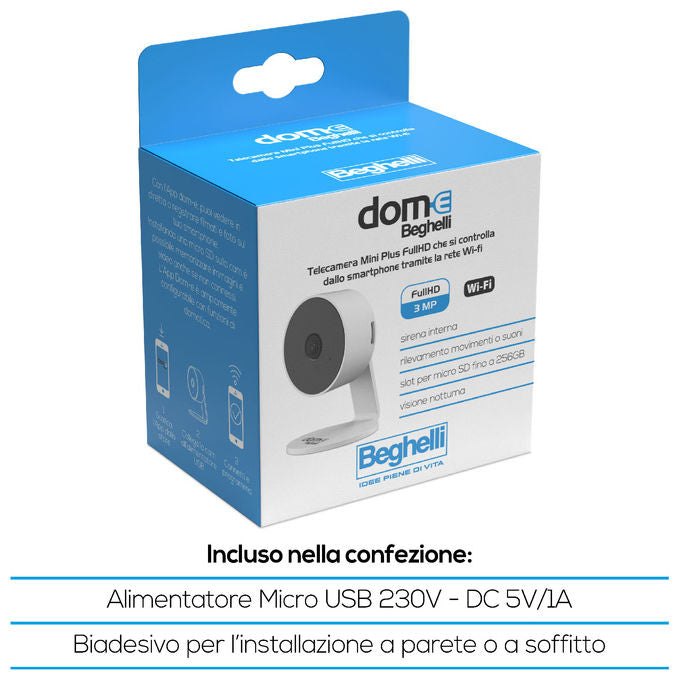 Beghelli 60026 Dom-e Smart Camera Mini Plus Videocamera di Sorveglianza Wi-Fi Full HD 3MP Audio a Due Vie Visione Notturna 10m Rilevamento Movimento Suono Sirena Integrata Compatibile Alexa Google Home colore Bianco