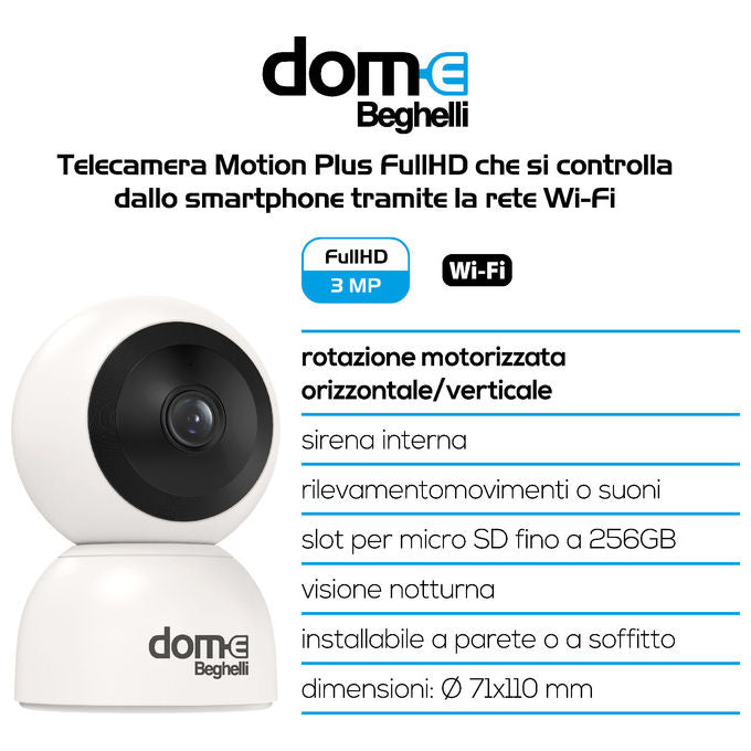 Beghelli 60028 Dom-e Videocamera Mini Plus Telecamera di sicurezza IP Wireless FullHD 3 MP con controllo PTZ e visione notturna fino a 10 m colore Bianco