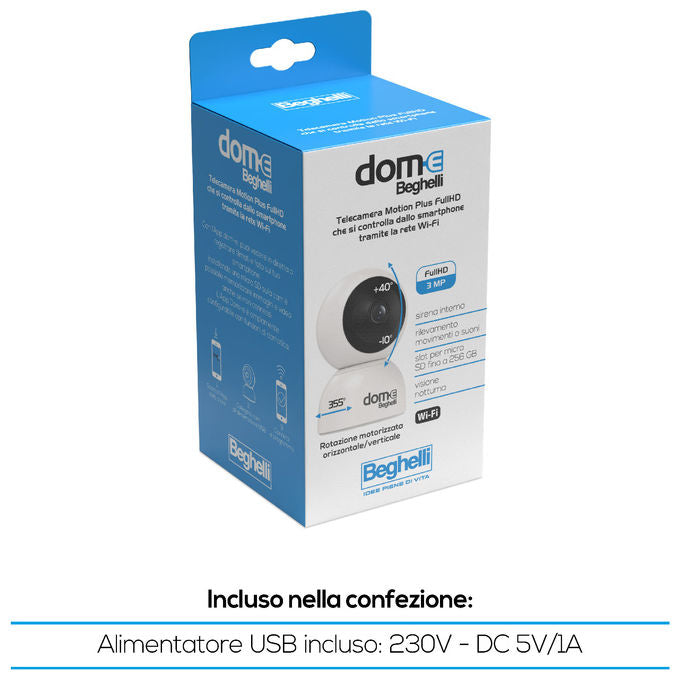 Beghelli 60028 Dom-e Videocamera Mini Plus Telecamera di sicurezza IP Wireless FullHD 3 MP con controllo PTZ e visione notturna fino a 10 m colore Bianco