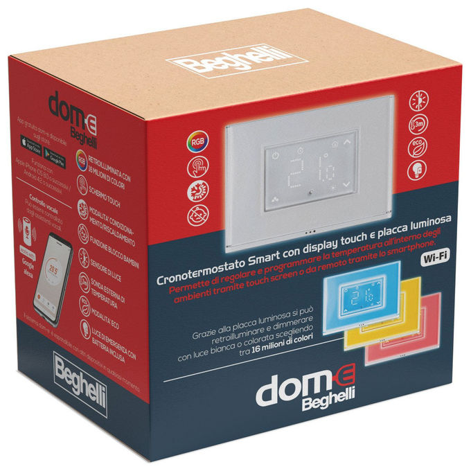 Beghelli 60048 Cronotermostato Smart con display touch e placca luminosa Termostato digitale Wi-Fi RF LCD colore Bianco