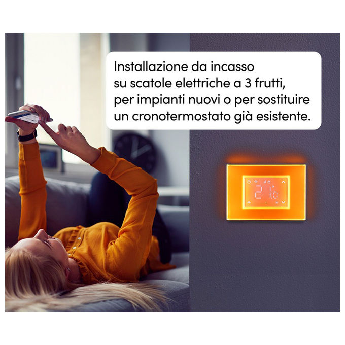 Beghelli 60048 Cronotermostato Smart con display touch e placca luminosa Termostato digitale Wi-Fi RF LCD colore Bianco