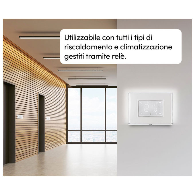 Beghelli 60048 Cronotermostato Smart con display touch e placca luminosa Termostato digitale Wi-Fi RF LCD colore Bianco