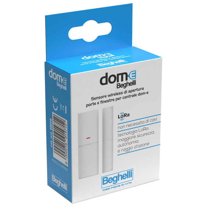 Beghelli 60050 Sensore di Apertura Wireless per Sistema Allarme DOM-E Beghelli Tecnologia LoRa Portata 300 m Batteria CR123A inclusa colore Bianco