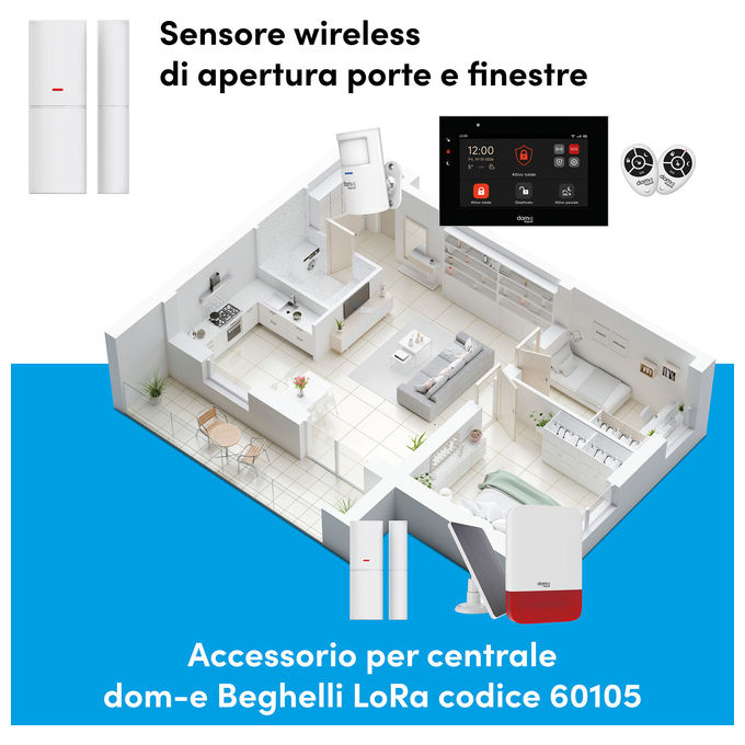 Beghelli 60050 Sensore di Apertura Wireless per Sistema Allarme DOM-E Beghelli Tecnologia LoRa Portata 300 m Batteria CR123A inclusa colore Bianco