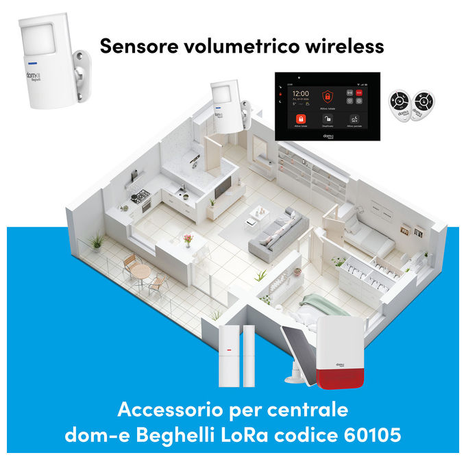 Beghelli 60051 Sensore Volumetrico Wireless PIR Portata 6 m Angolo 110° Compatibile DOM-E 60105 colore Bianco