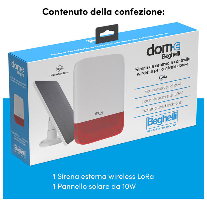 Beghelli 60053 Sirena da Esterno Wireless Alimentazione Solare 10W e Rete 230V Tecnologia LoRa IP65 colore Bianco