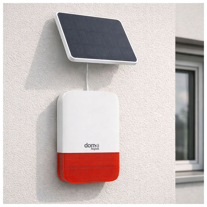 Beghelli 60053 Sirena da Esterno Wireless Alimentazione Solare 10W e Rete 230V Tecnologia LoRa IP65 colore Bianco