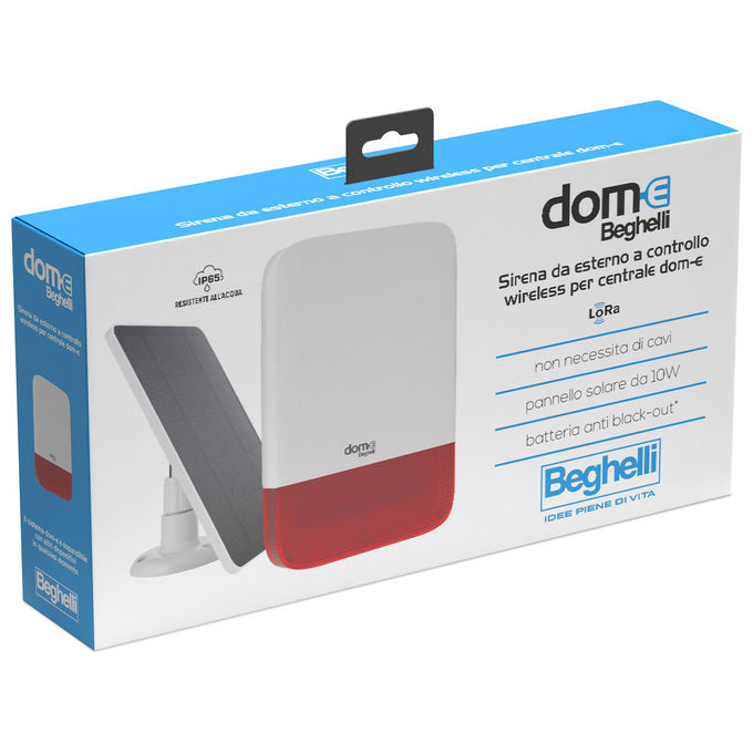 Beghelli 60053 Sirena da Esterno Wireless Alimentazione Solare 10W e Rete 230V Tecnologia LoRa IP65 colore Bianco