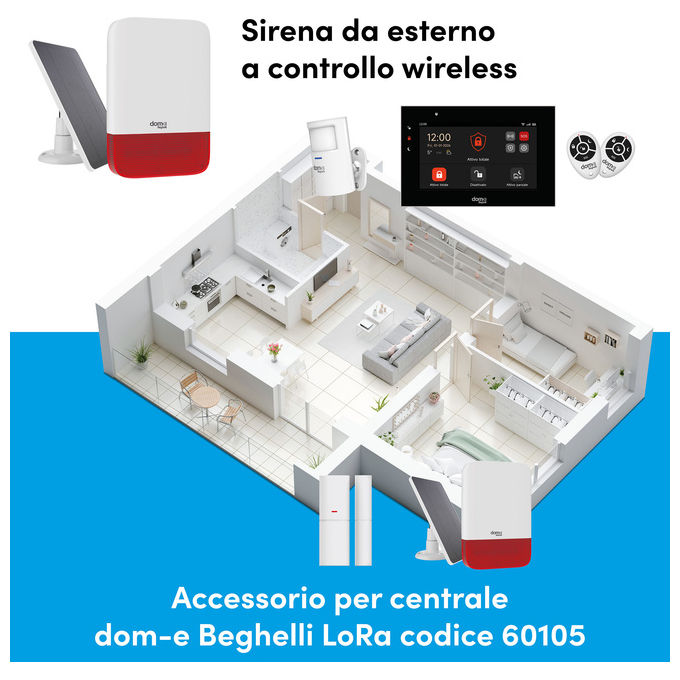 Beghelli 60053 Sirena da Esterno Wireless Alimentazione Solare 10W e Rete 230V Tecnologia LoRa IP65 colore Bianco