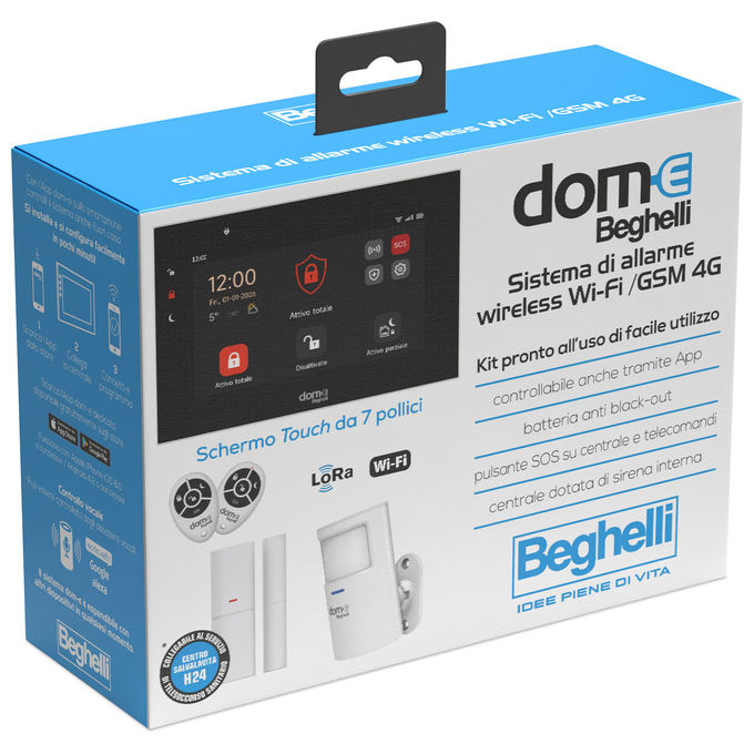 Beghelli 60105 Dom-e KIT di allarme wireless WIFI GSM 4G LoRa con sensore volumetrico sensore porta finestra sirena 105 dB 2 telecomandi colore Bianco