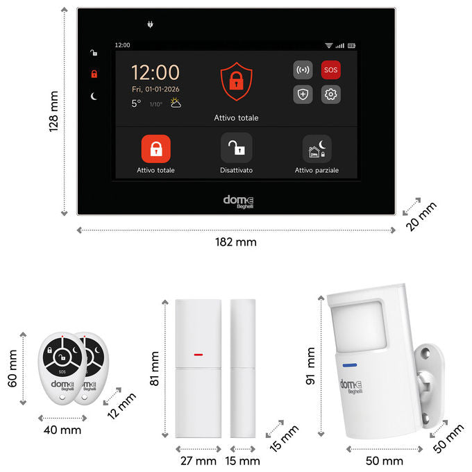 Beghelli 60105 Dom-e KIT di allarme wireless WIFI GSM 4G LoRa con sensore volumetrico sensore porta finestra sirena 105 dB 2 telecomandi colore Bianco