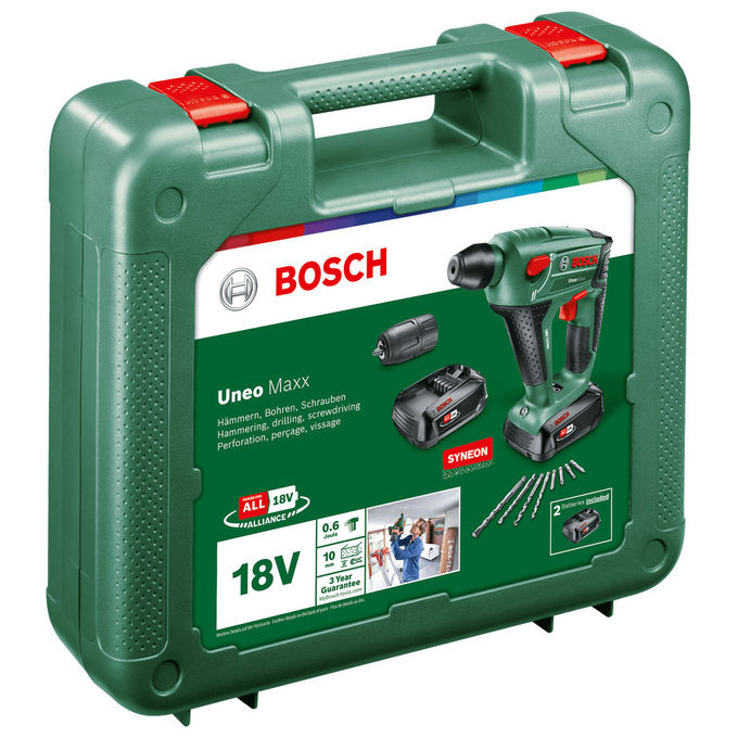 Bosch 0603952327 Uneo Maxx Martello Perforatore 3 in 1 SDS Quick 18 V 2 Batterie 2.5 Ah 0.6 J colore Nero