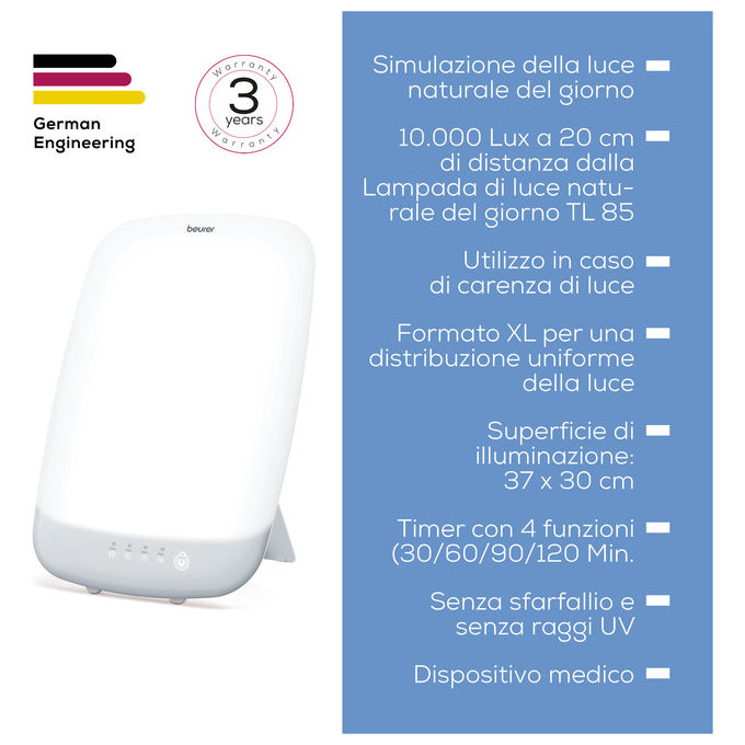 Beurer TL85 Lampada Antidepressiva 12.000 lux Timer Funzione Memoria LED UV-free colore Bianco