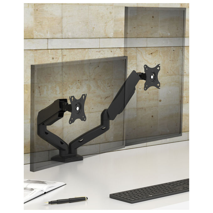 ICY BOX IB-MS204-T Supporto da Scrivania per Doppio Monitor fino a 32'' con Regolazione Altezza e Movimento Swivel e Tilt VESA 75x75 100x100 mm colore Grigio Argento