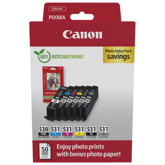 Canon, Cartuccia d'Inchiostro PGI-530-CLI-531 PVP, 6 pz, Originale, Nero, Ciano, Grigio, Magenta, Nero per Foto, Giallo