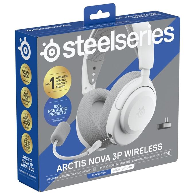 Steelseries 61687 Arctis Nova 3P Auricolare Wireless 2,4 GHz Bluetooth 5,3 Microfono Staccabile 40 h Autonomia colore Bianco