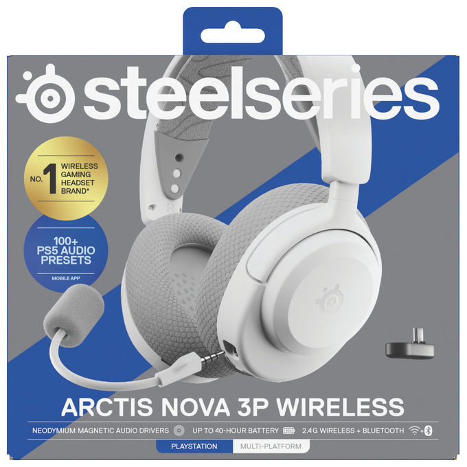 Steelseries 61687 Arctis Nova 3P Auricolare Wireless 2,4 GHz Bluetooth 5,3 Microfono Staccabile 40 h Autonomia colore Bianco