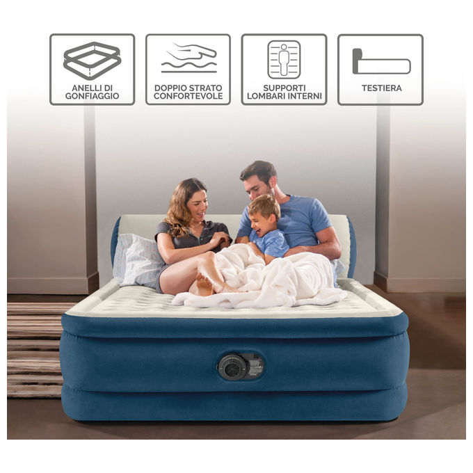Intex 64460ND SilkyBed Materasso Gonfiabile Matrimoniale con Testiera Pompa Elettrica Integrata 229x152x79 cm Portata 272 Kg colore Grigio chiaro e Blu
