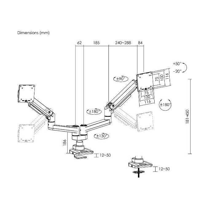 Equip 650182 Supporto da Tavolo per Doppio Monitor 17'' a 35'' fino a 20 Kg per Schermo VESA 75x75 e 100x100 con Gestione Cavi colore Nero