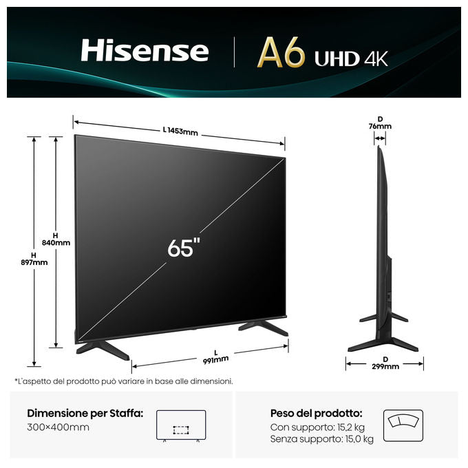 Hisense smart tv 65 pollici 4K, 65A6Q, LED, VIDAA U8, Dolby Vision, HDR10+, Game Mode Plus, Alexa