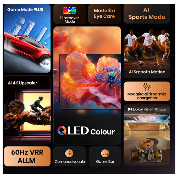 Hisense 65E7Q, smart tv QLED 65 pollici, 4K Ultra HD, Dolby Vision HDR10+, VIDAA, Wi-Fi, modalita' gaming VRR, nero